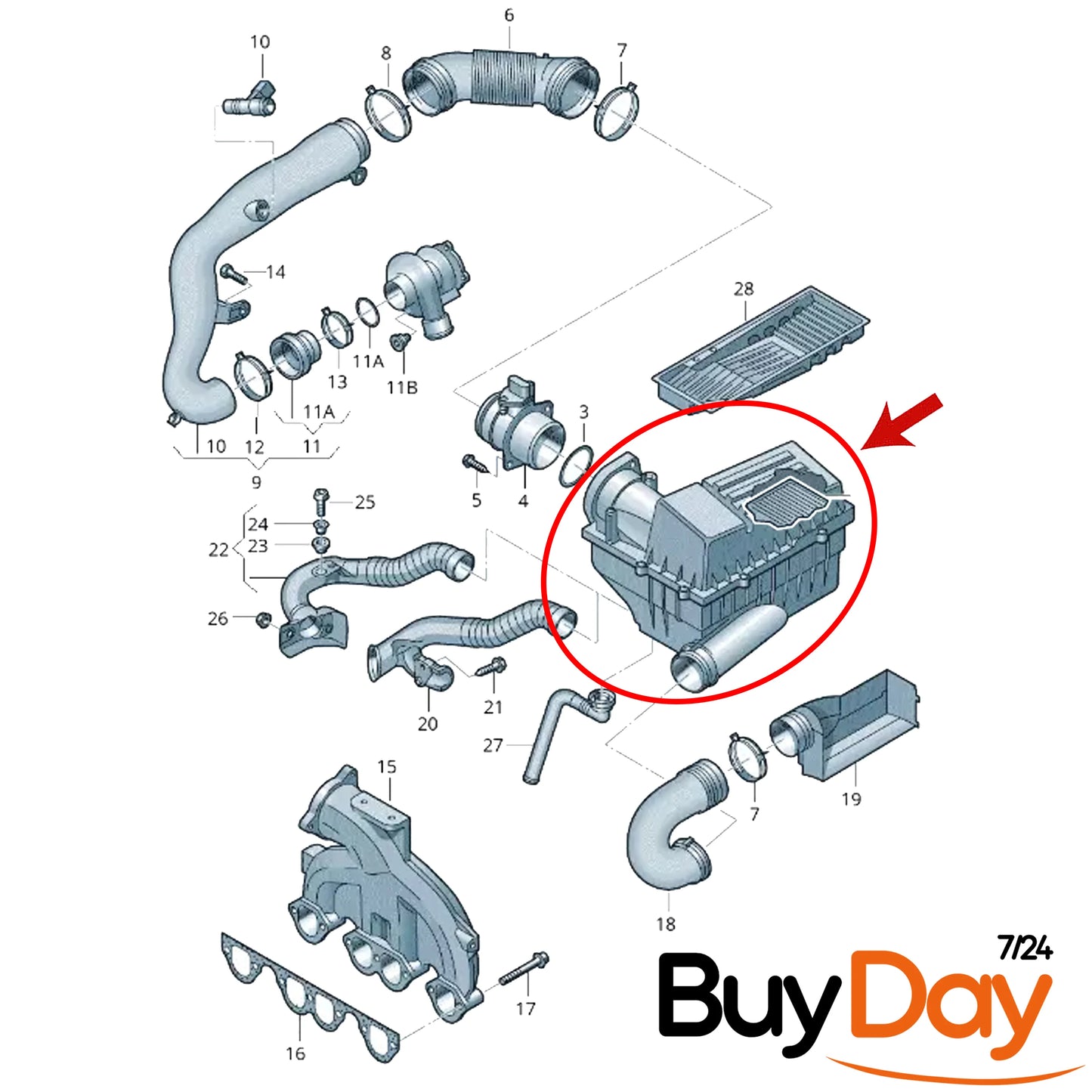 Engine Air Filter Box Housing Assembly, Air Cleaner Box, Compatible with 1.6L 1.9L 2.0L TDI Diesel Engines, Fits Golf Passat Caddy A3 Octavia Leon, 3C0129607BD, 3C0129601BS