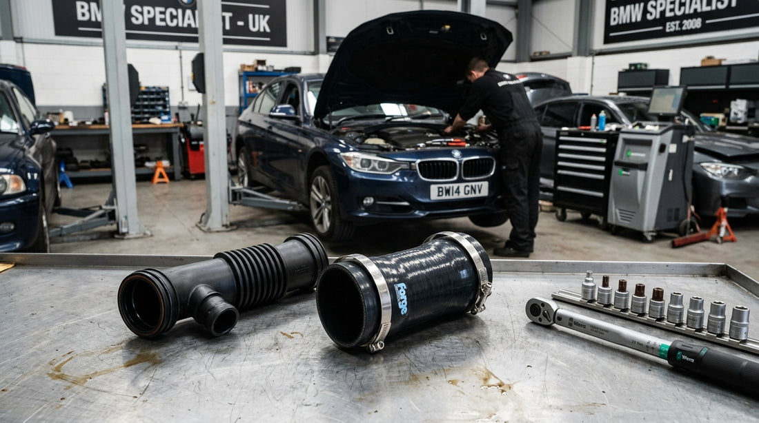 BMW N47 N57 Crankcase Breather Pipe 13717803842 & Cold Side Intercooler Hose 13718512014 in UK Workshop
