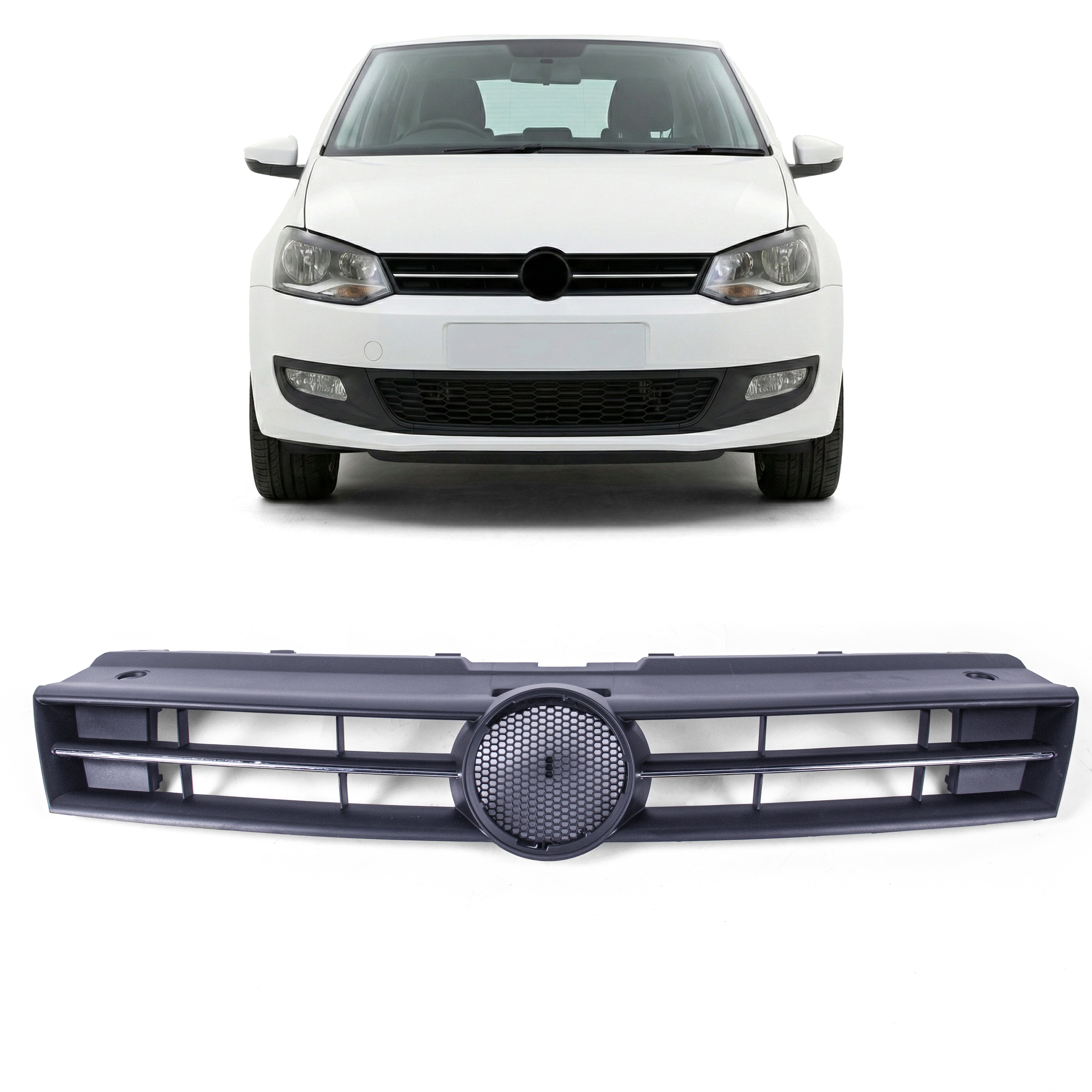 Main Grille Black With Chrome Moulding Front Upper For VW Polo 09-14 6R0853651C
