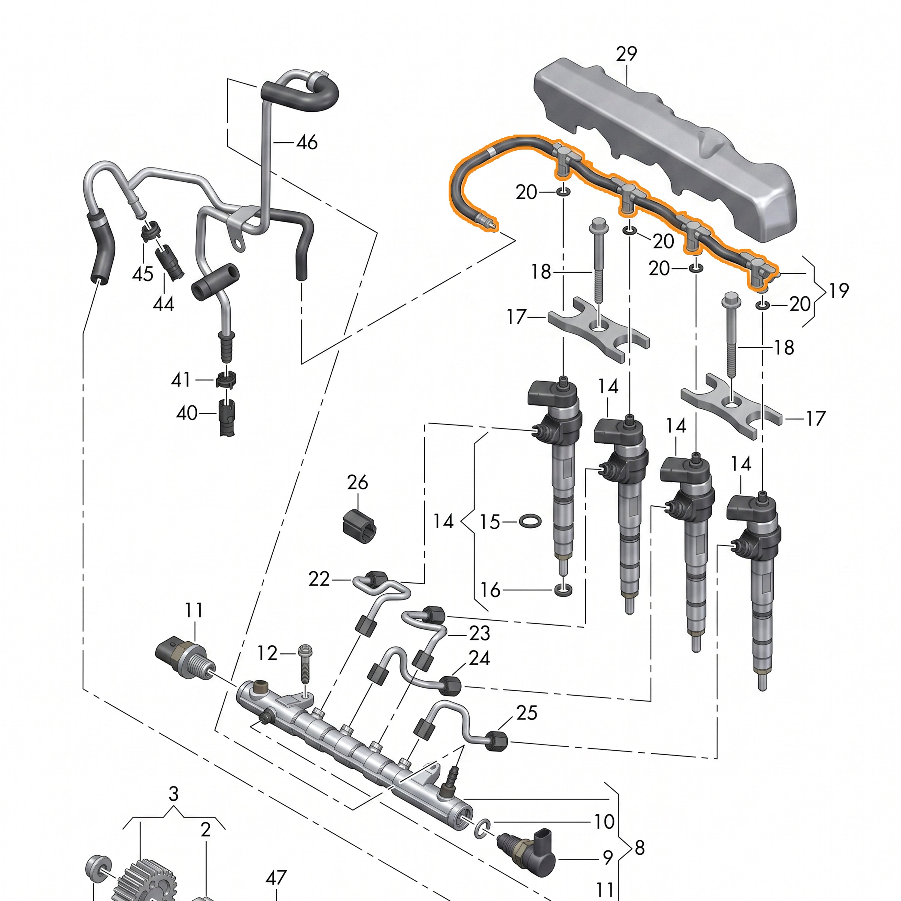 Fuel Injector Return Pipe For Audi Seat Skoda VW 2017-On 1.6tdi DGTE 04L130235B - Detail View - BUYDAY
