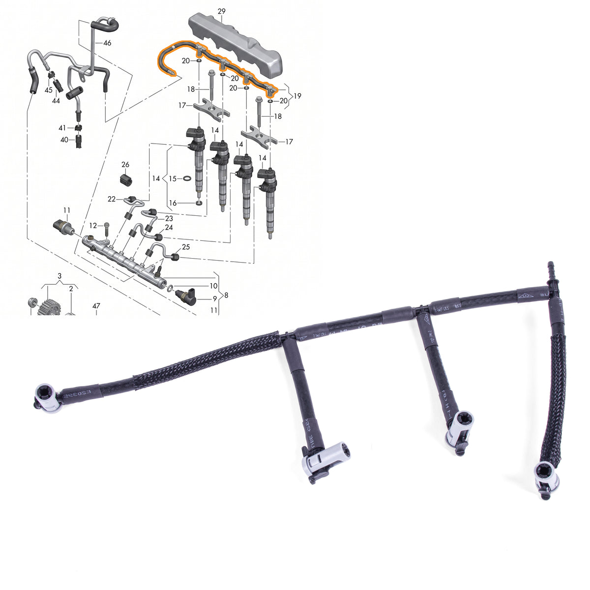 Fuel Injector Return Pipe For Audi Seat Skoda VW 2017-On 1.6tdi DGTE 04L130235B - Detail View - BUYDAY