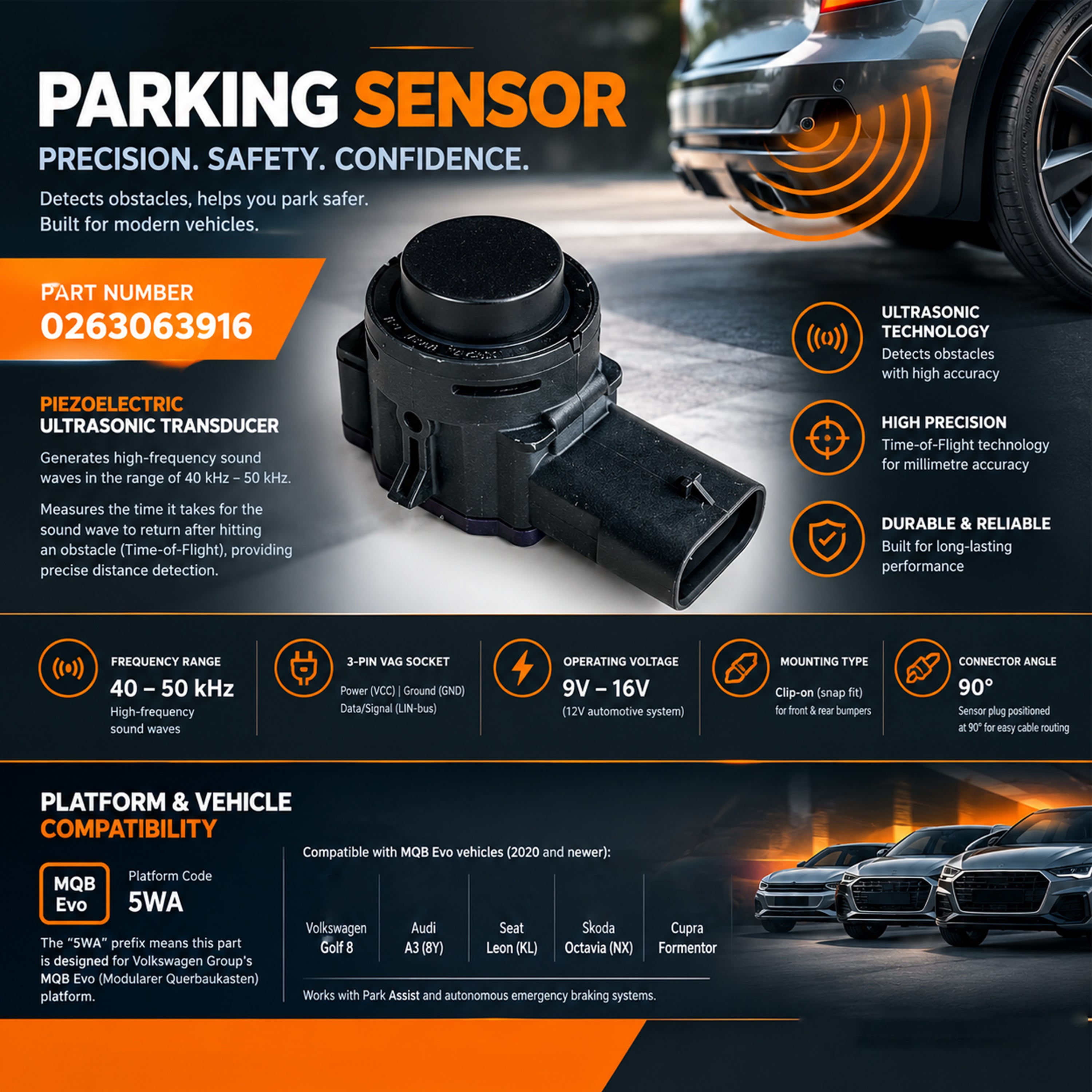 1x Parking Sensor Black for VW Audi Seat Skoda Cupra (2020-2025) 5WA919275B - Detail View - BUYDAY