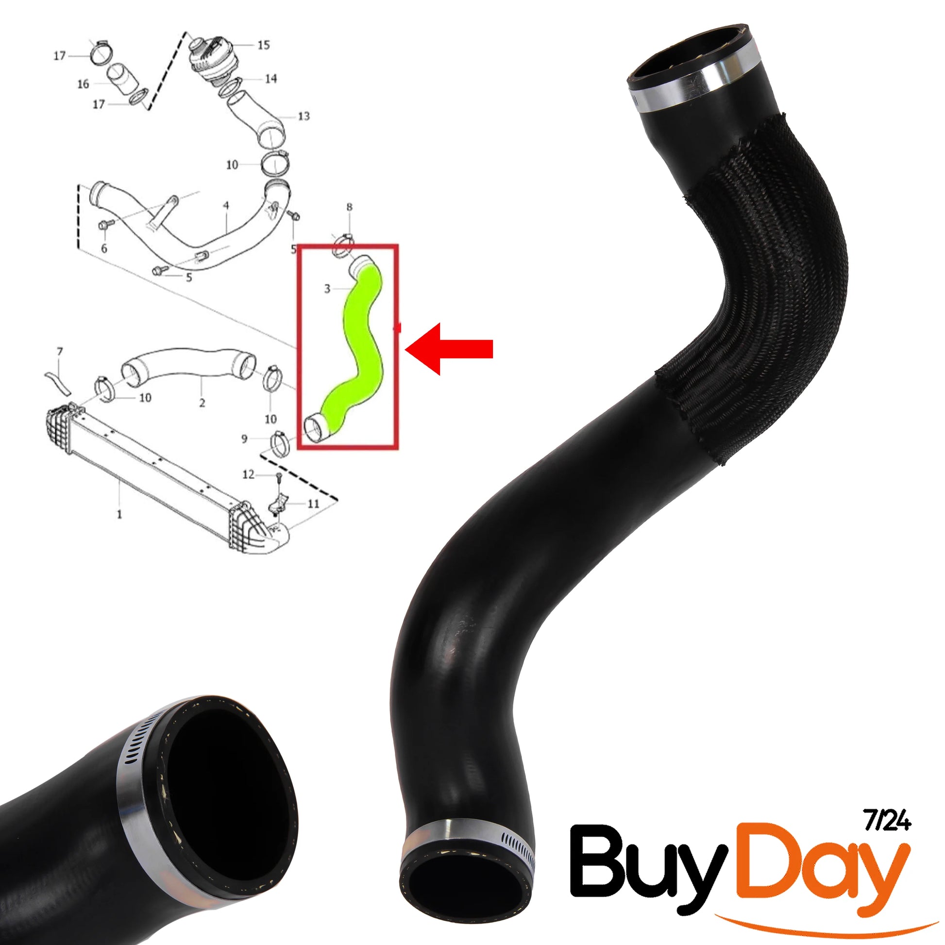Intercooler Turbo Hose Pipe with 2 Clamps &amp; Braided Cover, Heat Resistant Boost Pipe, Compatible with S60 S80 V60 V70 XC60 XC70 2.0L 2.4L Diesel, 31338090, 30741795