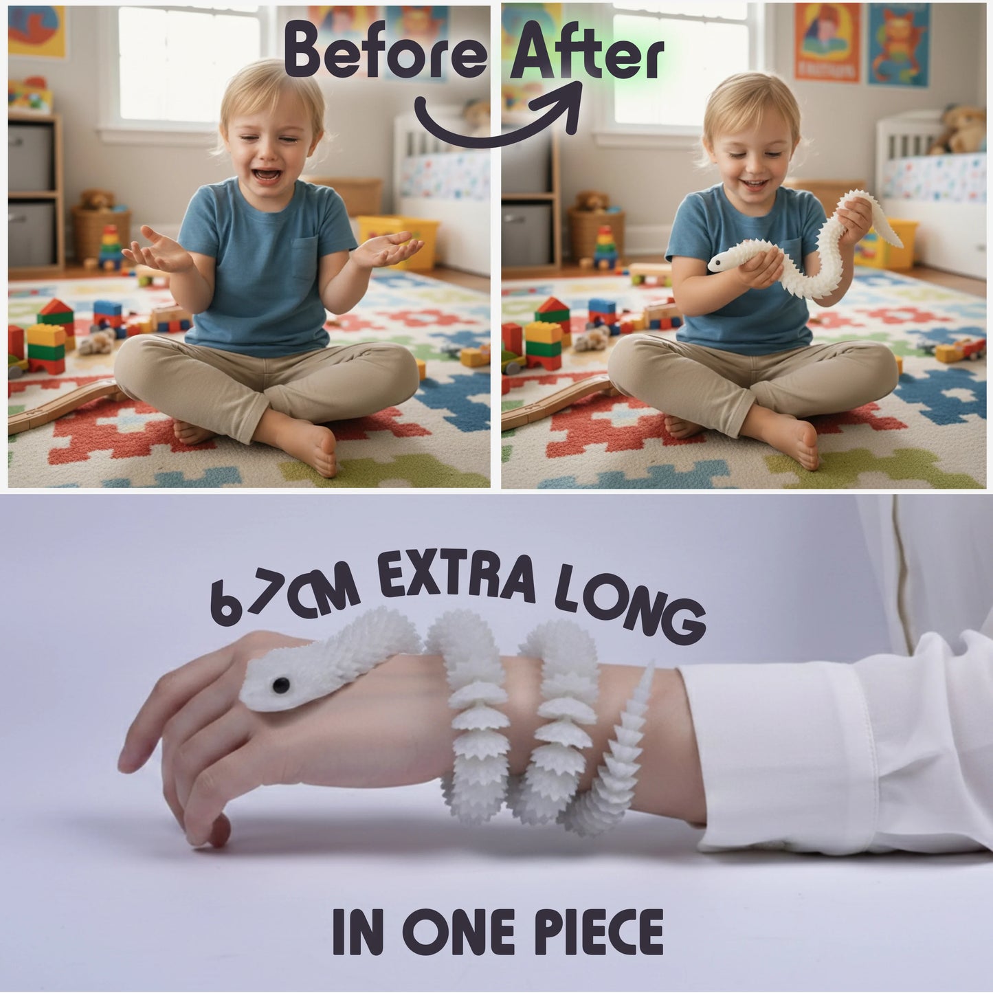 3D Printed Snake 67 cm (26.4 in) – Glow in the Dark Articulated Flexible Toy – Large Collectible Animal Figure for Home & Office Decor