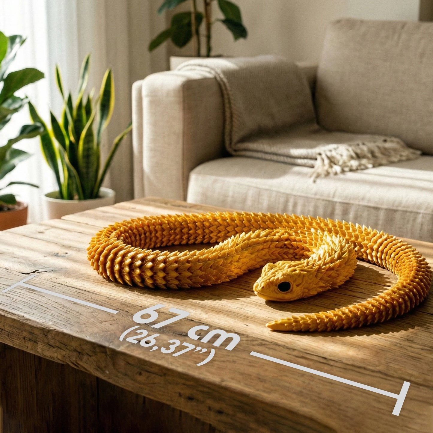3D Printed Snake – Articulated Flexible Animal Model – 67 cm (26.4 in) Large Silky Gold Collectible Figure for Home & Office Decor