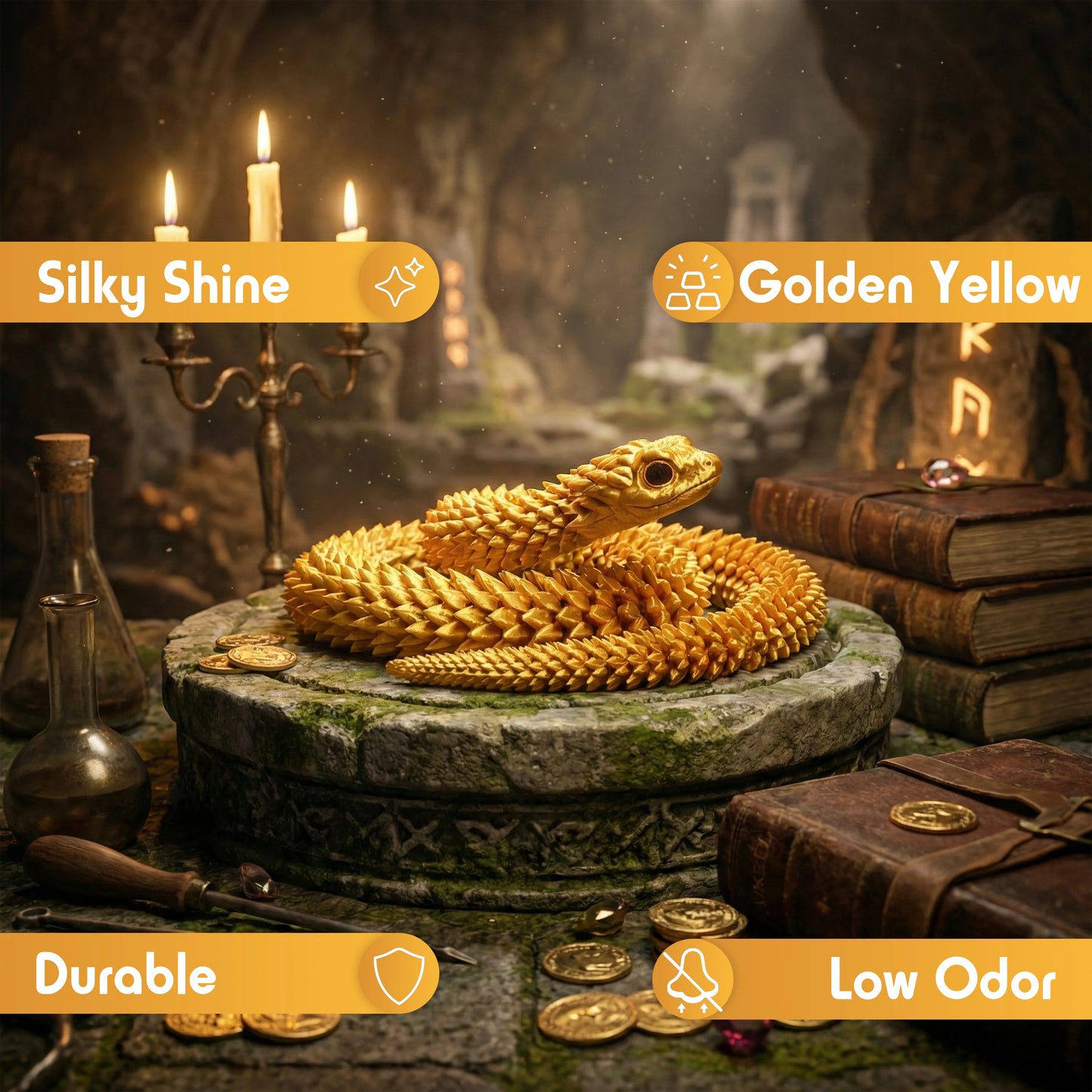 3D Printed Snake – Articulated Flexible Animal Model – 67 cm (26.4 in) Large Silky Gold Collectible Figure for Home & Office Decor