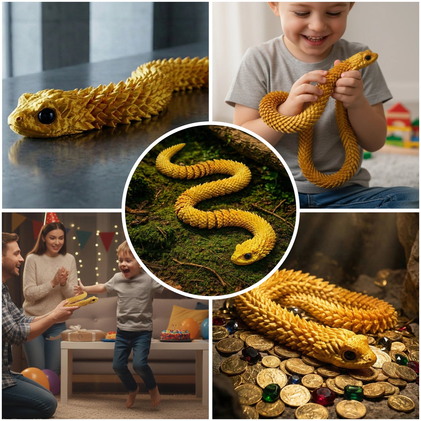 3D Printed Snake – Articulated Flexible Animal Model – 67 cm (26.4 in) Large Silky Gold Collectible Figure for Home & Office Decor