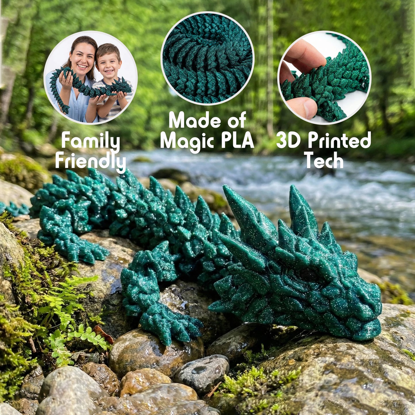 3D Printed Dragon – Articulated Flexible Animal Model – 55 cm (21.6 in) Magic Green Collectible Figure for Home & Office Decor