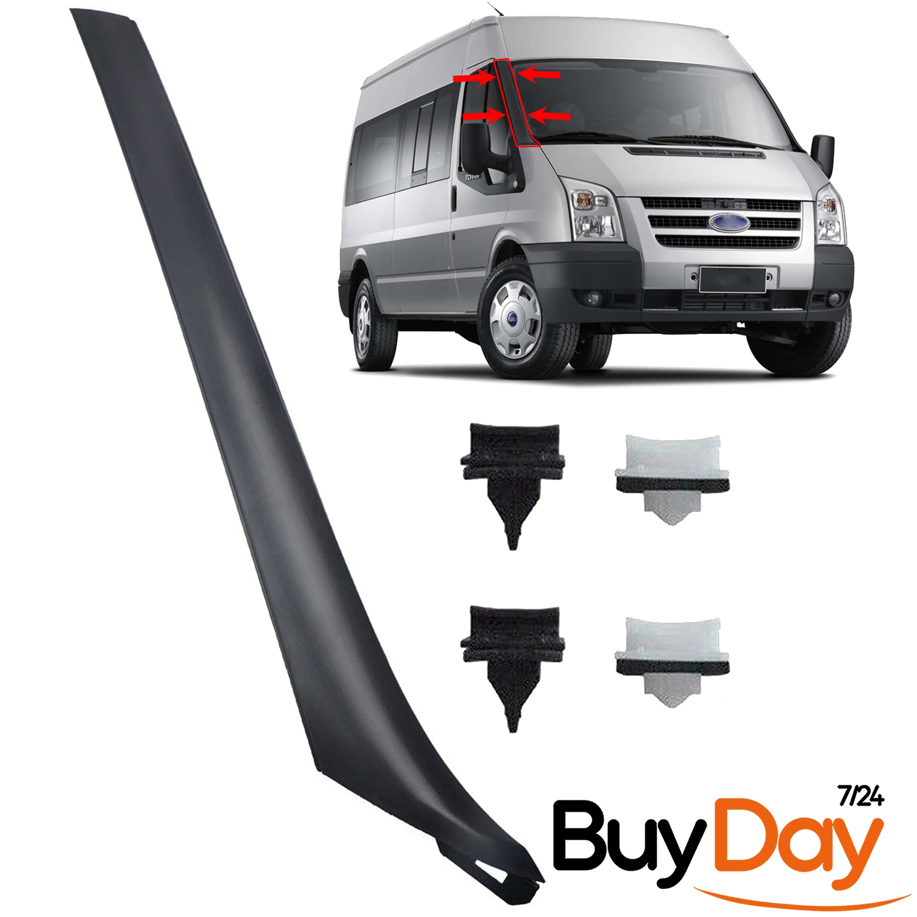 Windscreen Right Moulding Trim with Mounting Clips, A-Pillar Trim, Offside (O/S) Driver Side, Compatible with Transit MK7 Models 2006-Onwards, 1755017