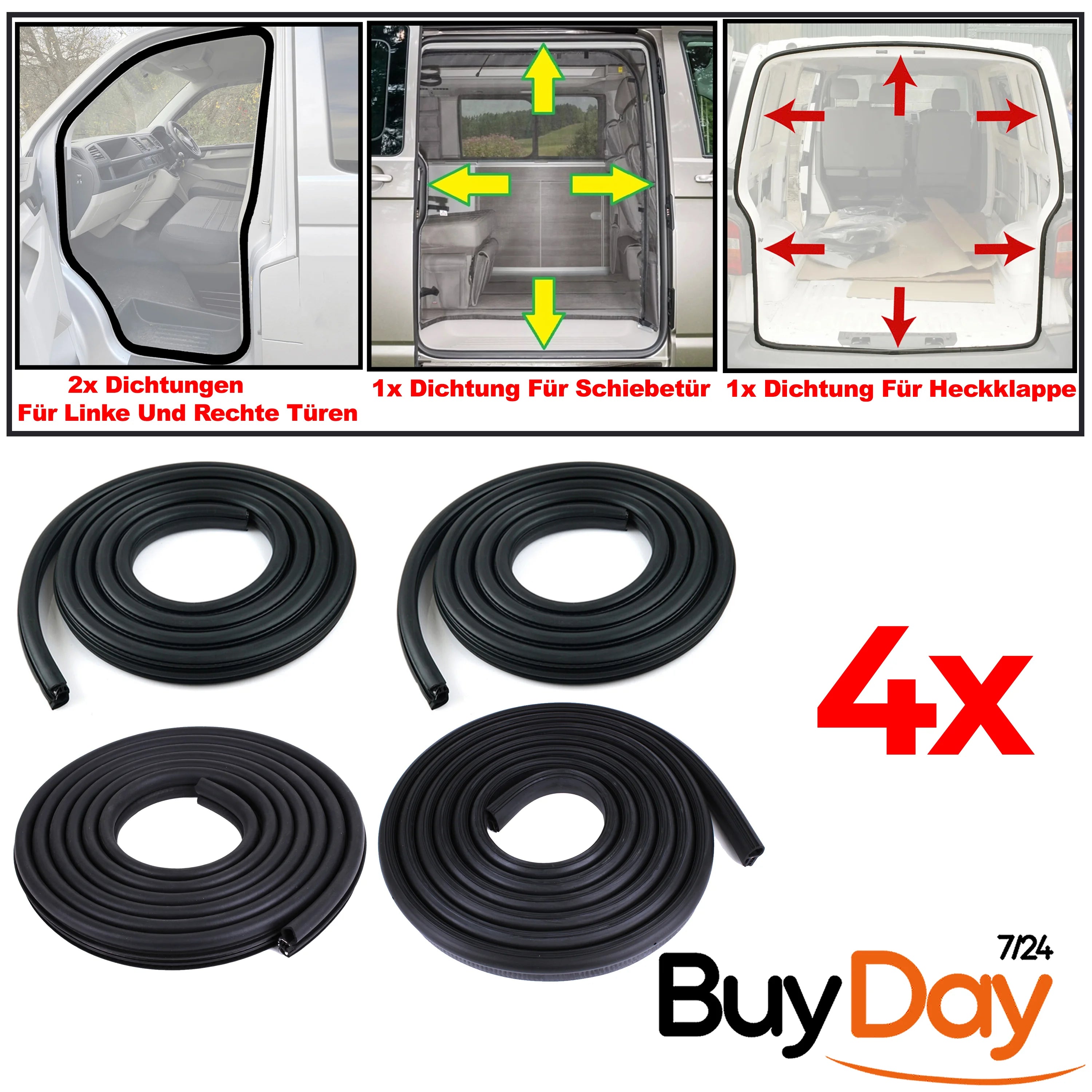 Full 4 Pieces Door Seal Kit Compatible with Transporter T5 T6 T6.1 - Tailgate Models