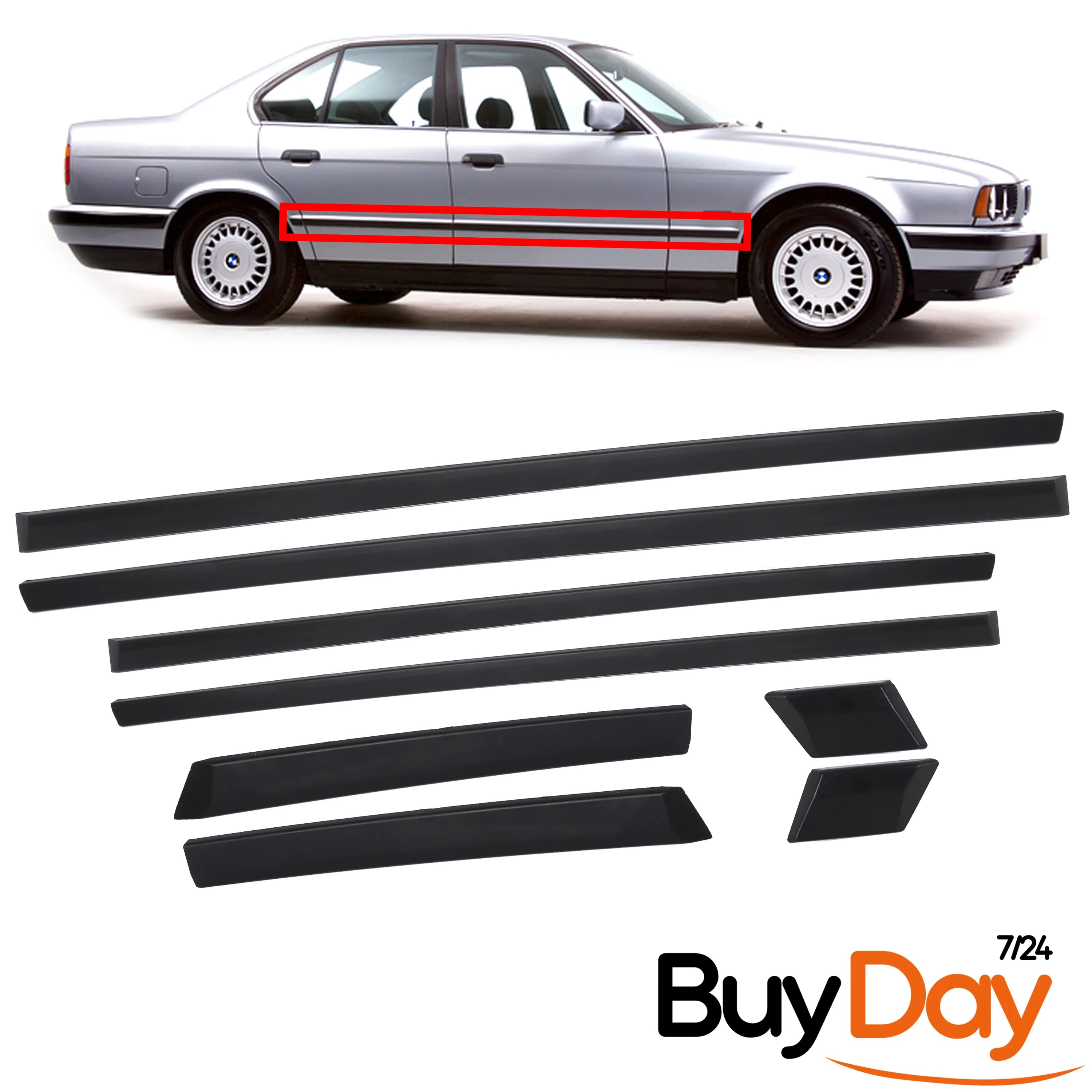 8 Piece Full Side Moulding Kit with Clips, Exterior Door Rubbing Strips, Dent Protector Set, Compatible with 5 Series E34 Saloon Models 1988-1996
