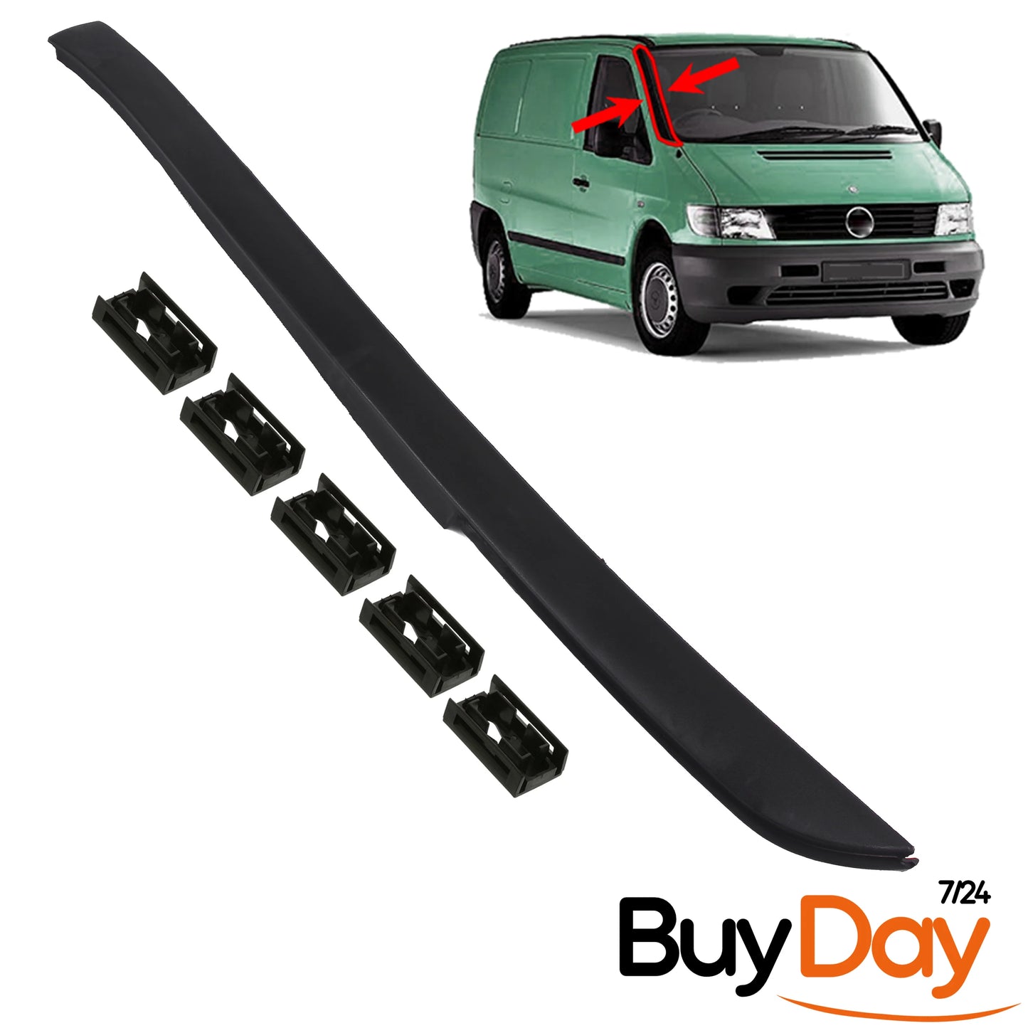Front Right Windscreen Pillar Trim with 5 Black Clips, O/S Driver Side, A-Pillar Moulding, Compatible with Vito (W638) Van MPV Models 1996-2003, A6386980179